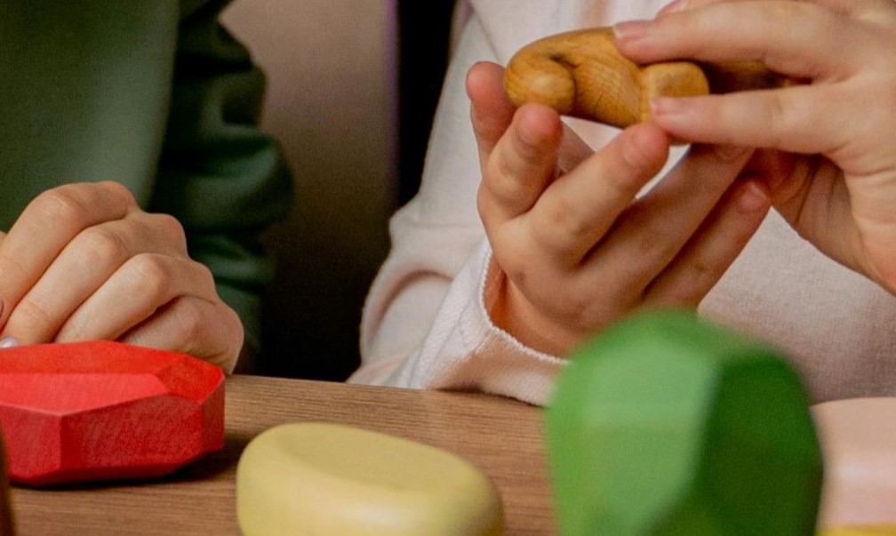Uma criança a manipular uma peça de madeira enquanto interage com materiais lúdicos sobre a mesa. A atividade evidencia o uso de diferentes formas e tamanhos, promovendo a preensão, a coordenação motora fina e a exploração sensorial. Este tipo de tarefa é frequentemente utilizado em terapia ocupacional para desenvolver destreza manual, controlo dos movimentos e competências funcionais necessárias para as atividades do dia a dia.